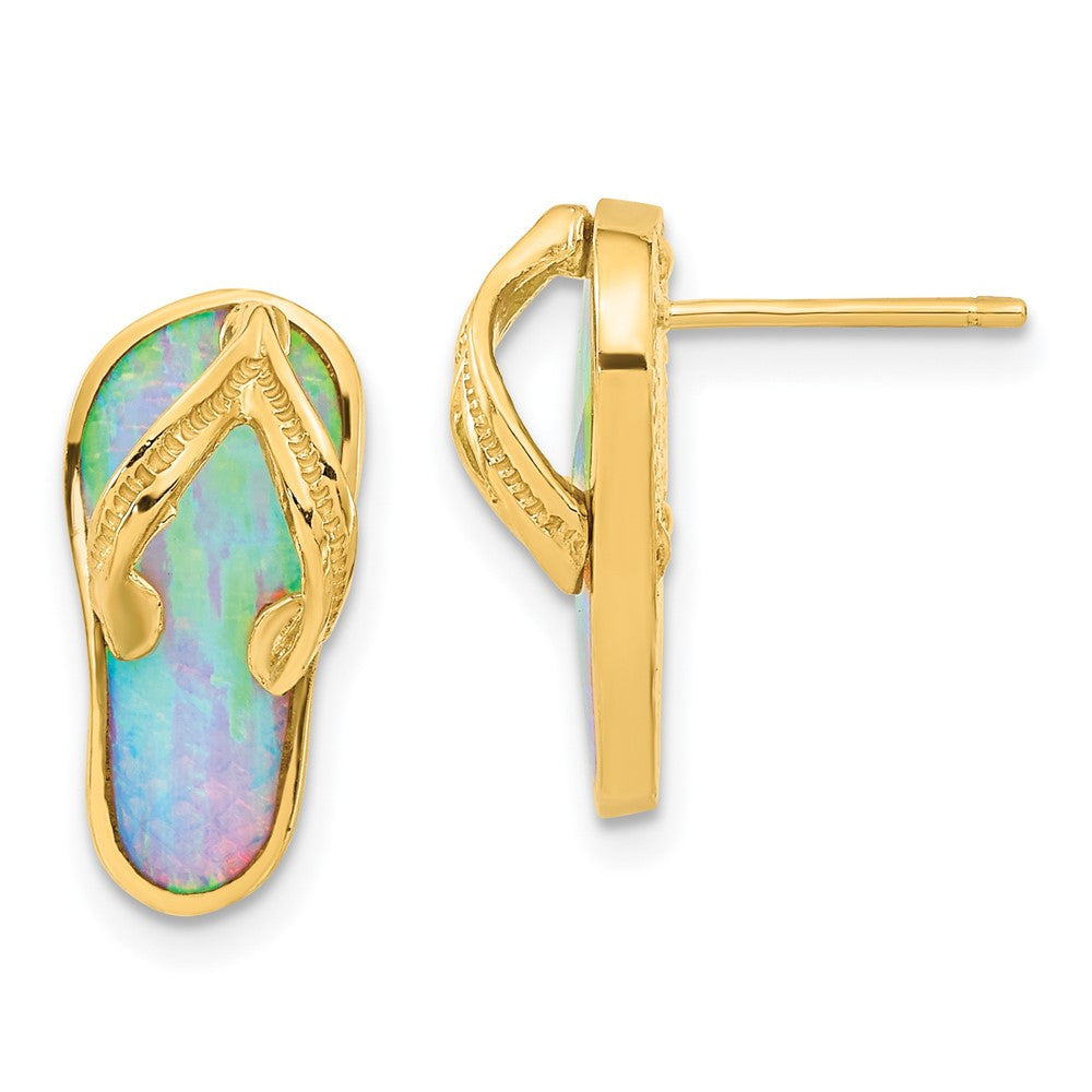 14k Yellow Gold Polished w/Created White Opal Flip Flop Stud Earrings