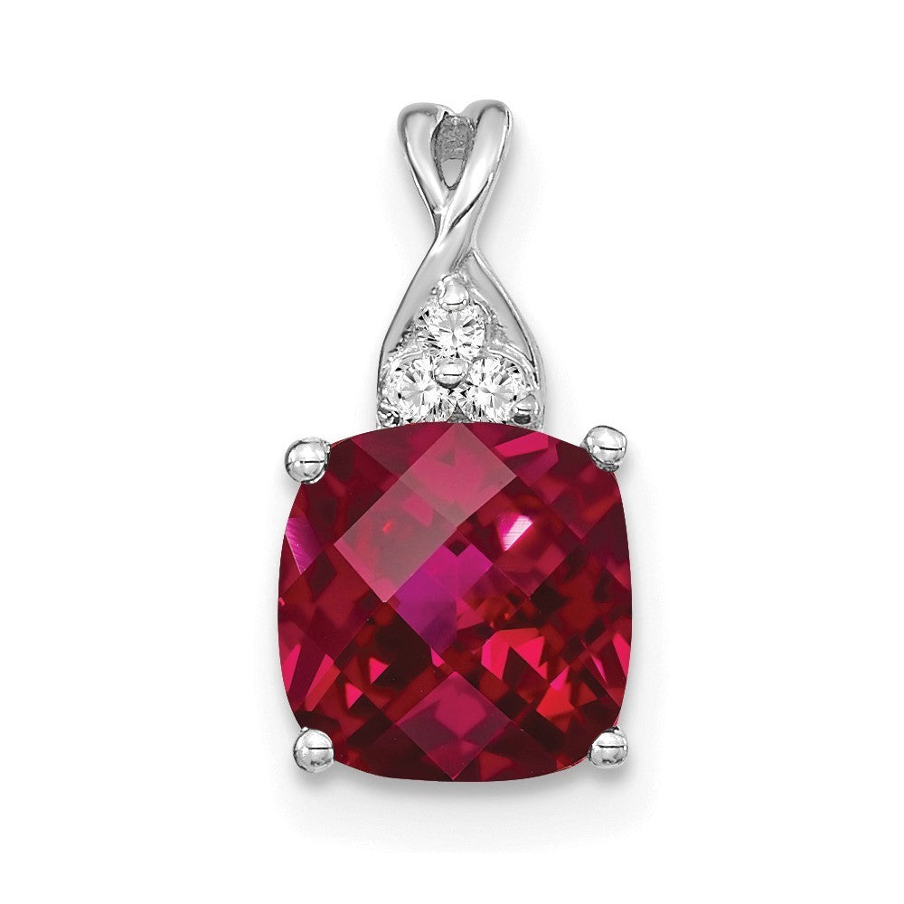 14k White Gold Checkerboard Created Ruby and Diamond Pendant