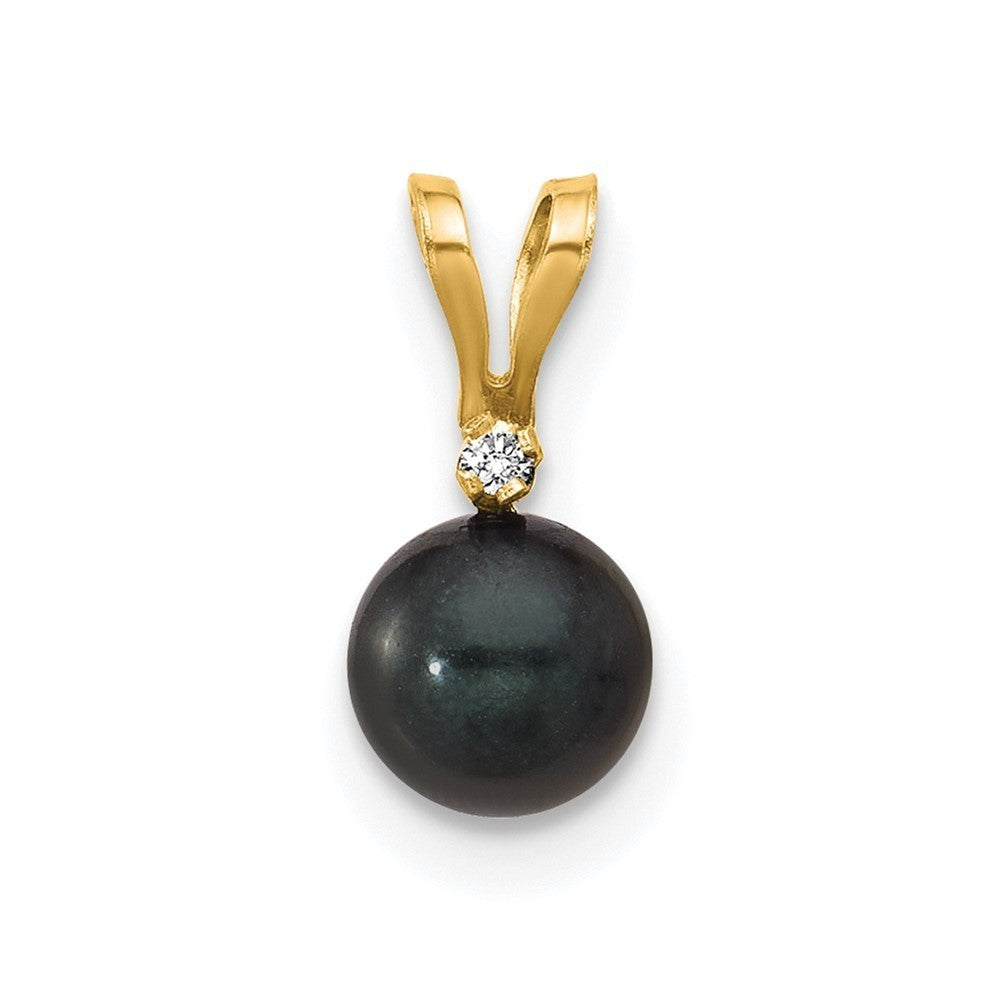 14k Yellow Gold 6mm Black Round Akoya Saltwater Cultured Pearl & Diamond Pendant