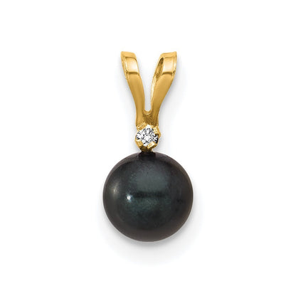 14k Yellow Gold 6mm Black Round Akoya Saltwater Cultured Pearl & Diamond Pendant