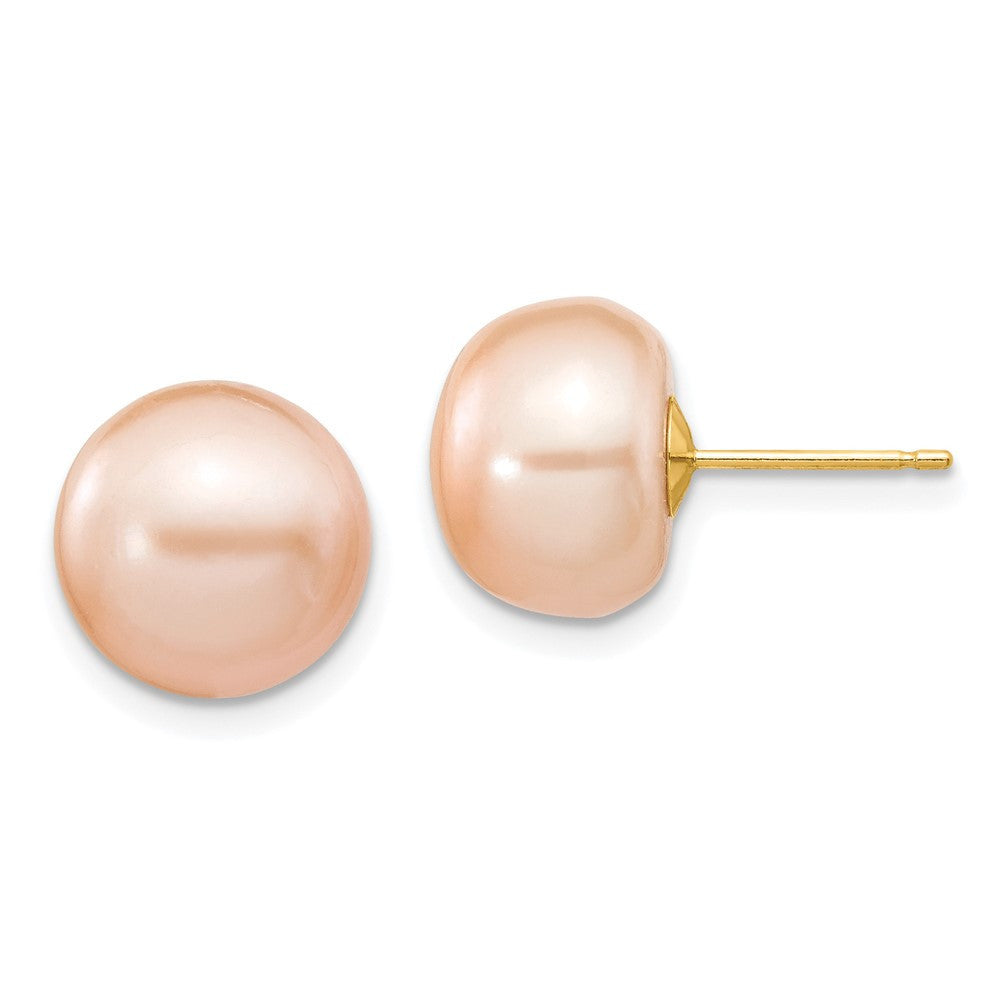 14k Yellow Gold 10-11mm Pink Button Freshwater Cultured Pearl Stud Earrings