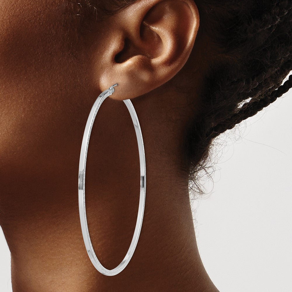 Sterling Silver Rhodium-plated Diamond-cut 2x70mm Square Tube Hoop Earrings