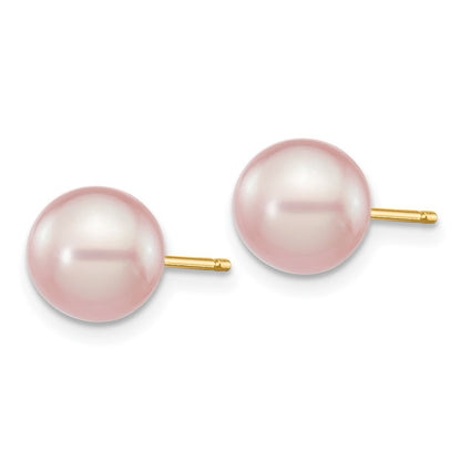 14k Yellow Gold 7-8mm Purple Round Freshwater Cultured Pearl Stud Earrings