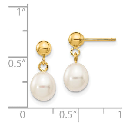 14k Yellow Gold 6-7mm White Rice Freshwater Cultured Pearl Dangle Earrings