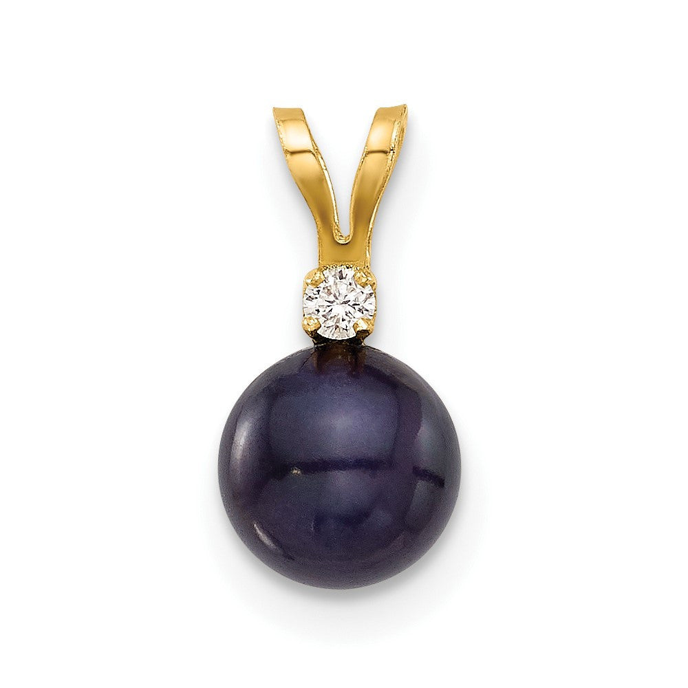 14k Yellow Gold 7mm Black Freshwater Cultured Pearl and .03 Ct Diamond Pendant