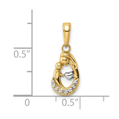 14k Yellow Gold and White Rhodium Diamond-cut Mother and Baby Teardrop Pendant