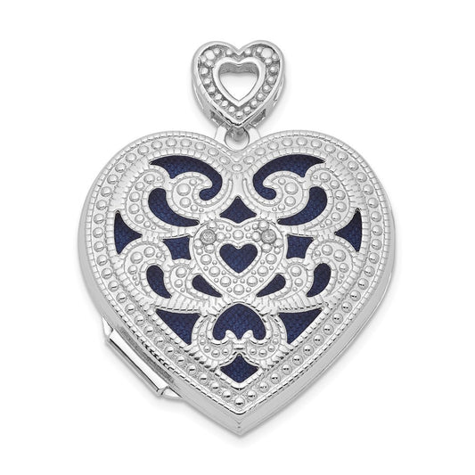 Sterling Silver Rhodium-plated 24mm w/ Diamond Vintage Heart Locket Pendant