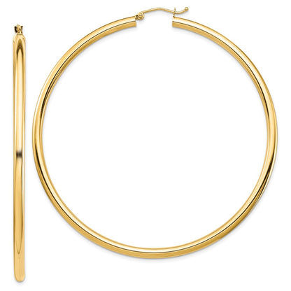 14k Yellow Gold Polished 3x70mm Lightweight Round Tube Hoop Earrings