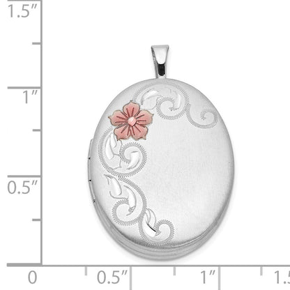 Sterling Silver 26mm Satin Enameled Flower Scroll Oval Locket Pendant