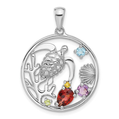 Sterling Silver Rhodium-plated Polished Rainbow Gemstone Sea Turtle Pendant