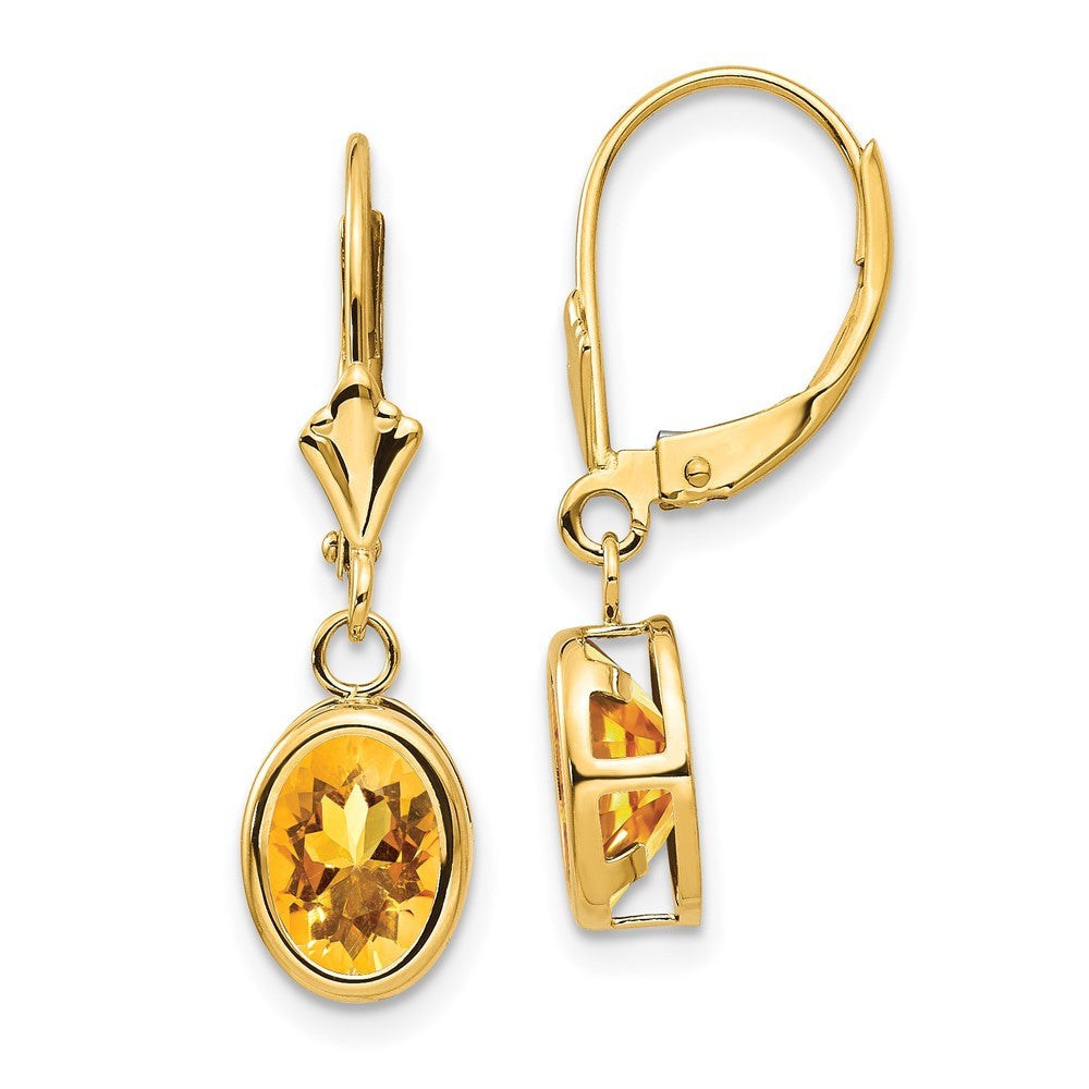 14k Yellow Gold 8x6mm Oval Citrine Leverback Drop & Dangle Earrings