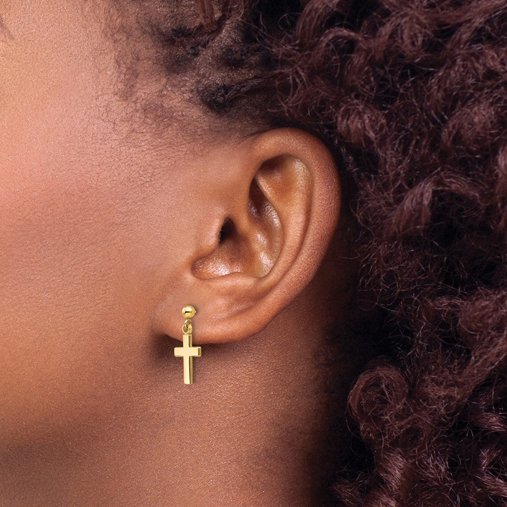 14k Yellow Gold Polished Cross Drop & Dangle Earrings