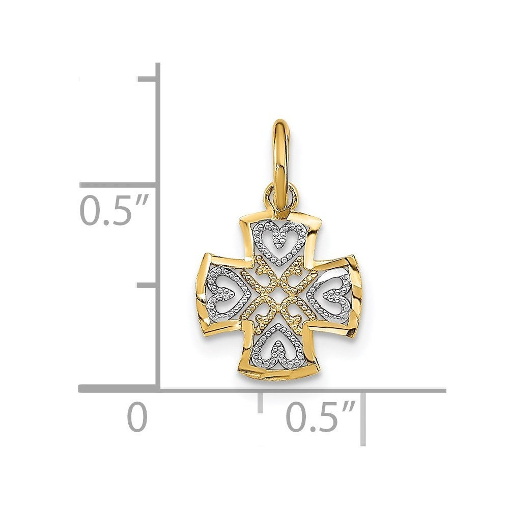 14k Yellow Gold Rhodium and Diamond-Cut Hearts In Cross Charm Pendant