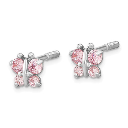 14k White Gold Polished Pink CZ Butterfly Button Stud Earrings