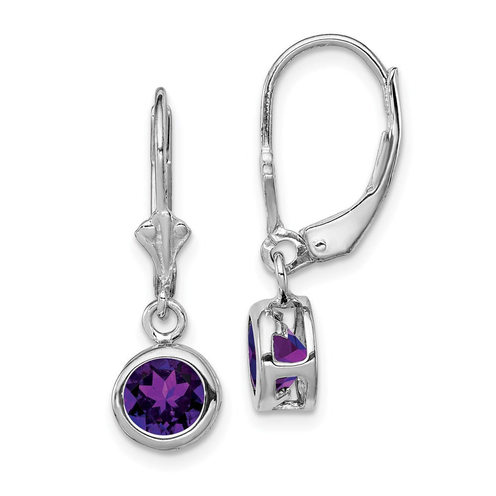 Sterling Silver Rhodium Plated 6mm Round Amethyst Leverback Dangle Earrings