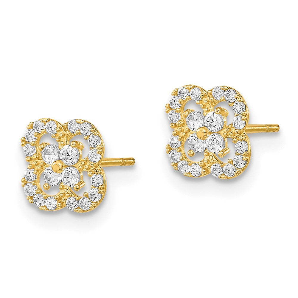 14k Yellow Gold Polished Flower CZ Button Stud Earrings