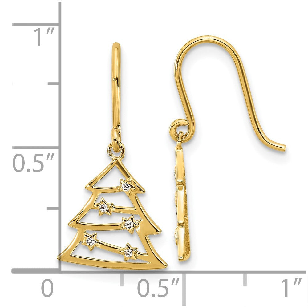 14k Yellow Gold Polished CZ Christmas Tree Shepherd Hook Dangle Earrings