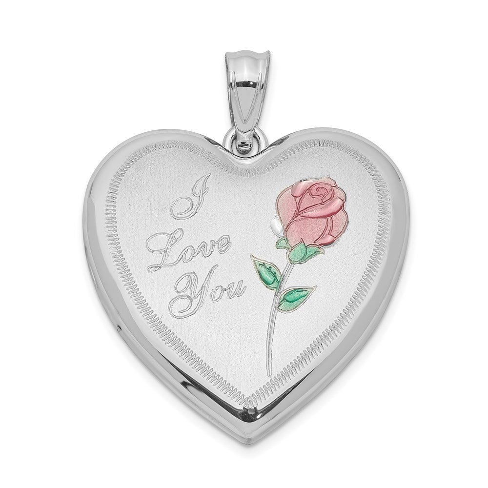 Sterling Silver Rhodium-plated 24mm Enameled Rose Heart Locket Pendant