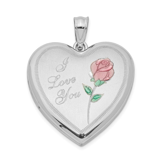Sterling Silver Rhodium-plated 24mm Enameled Rose Heart Locket Pendant