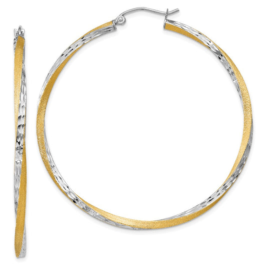 14k Yellow Gold & Rhodium Diamond-cut 2.5mm Twisted Hoop Earrings