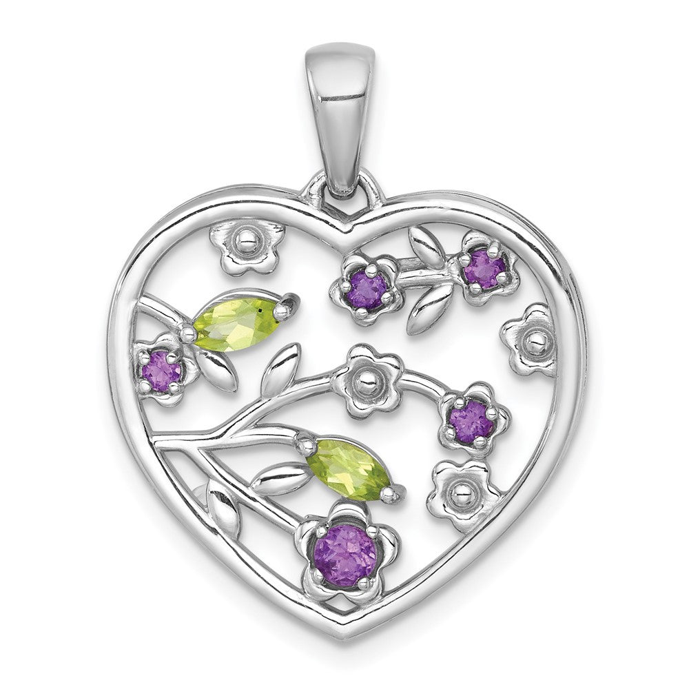 Sterling Silver Rhodium Polished Amethyst and Peridot Flowers Heart Pendant