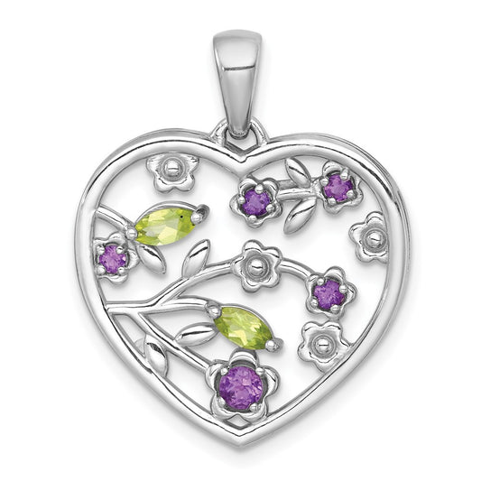 Sterling Silver Rhodium Polished Amethyst and Peridot Flowers Heart Pendant