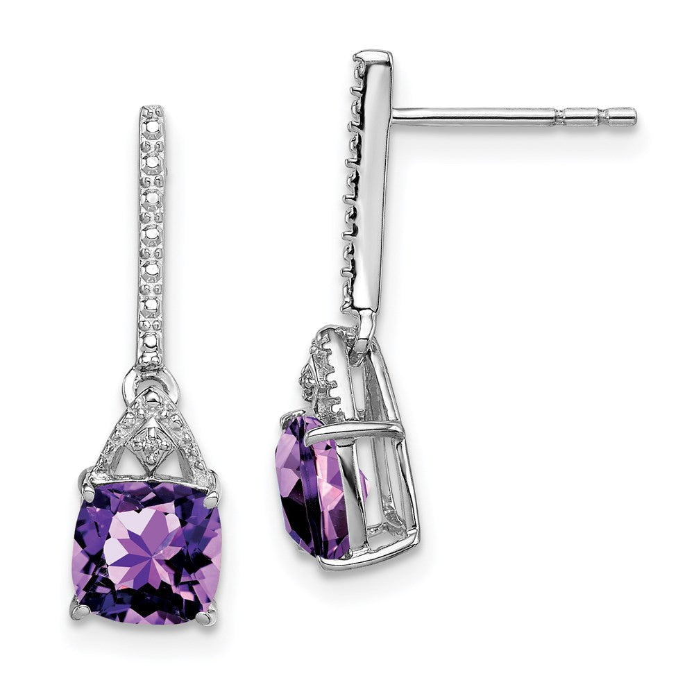 Sterling Silver Rhodium Plated Diamond and Amethyst Dangle Earrings