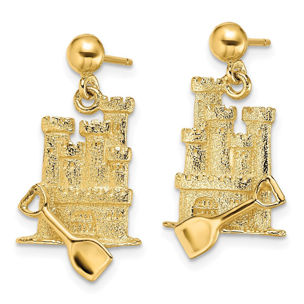 14k Yellow Gold 3-D w/ Shovel Sand Castle Dangle Earrings