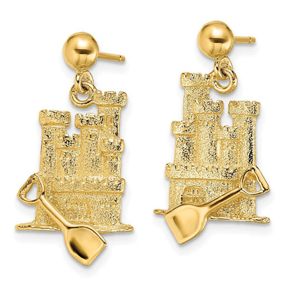 14k Yellow Gold 3-D w/ Shovel Sand Castle Dangle Earrings