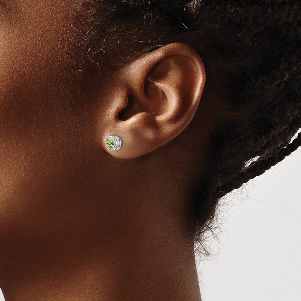 14k White Gold Cushion Peridot and Diamond Stud Earrings