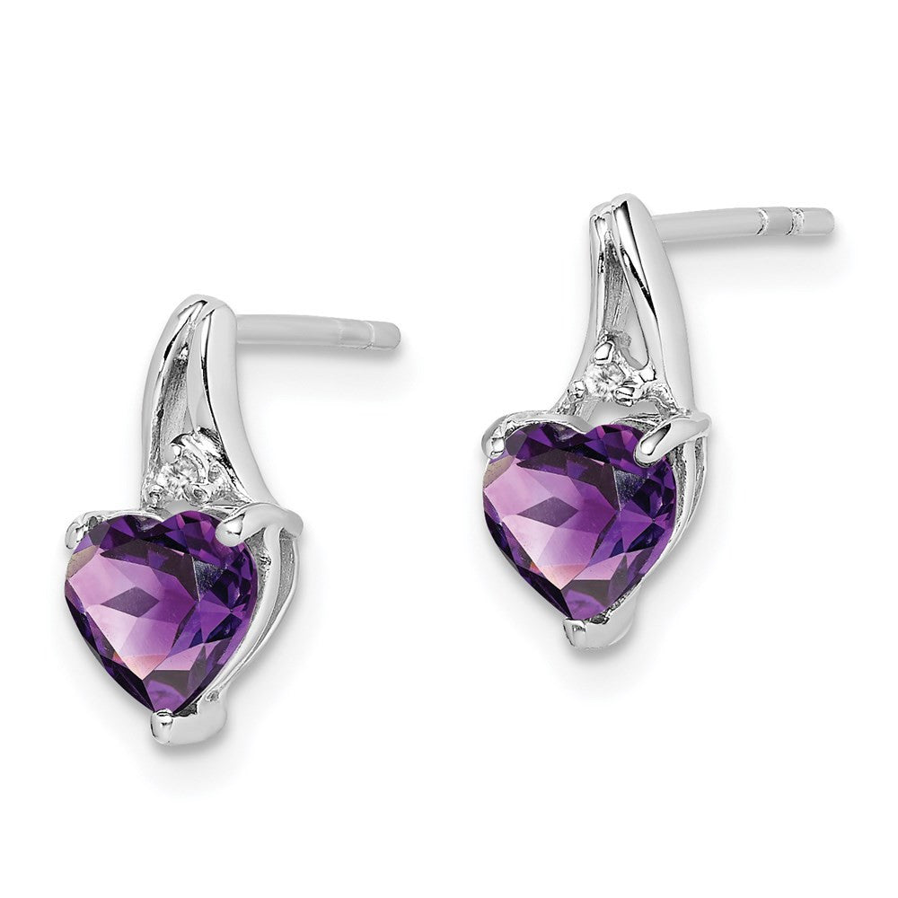 Sterling Silver Rhodium Plated Diamond and Amethyst Heart Dangle Earrings