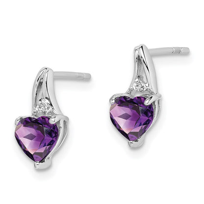 Sterling Silver Rhodium Plated Diamond and Amethyst Heart Dangle Earrings