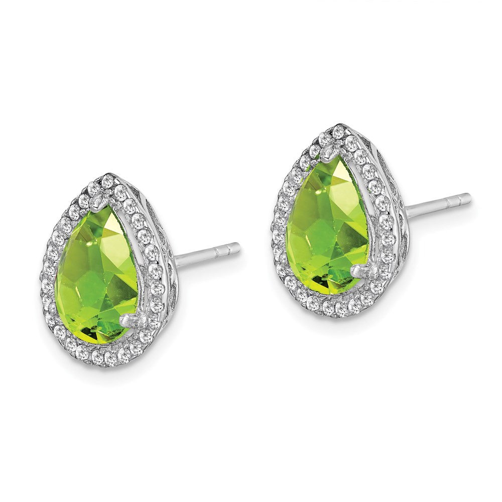 Sterling Silver Rhodium Polished Simulated Peridot & CZ Button Stud Earrings