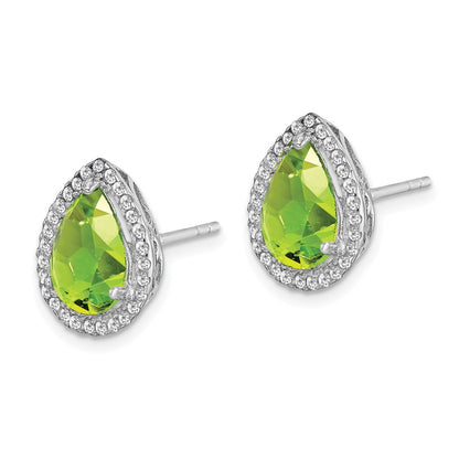 Sterling Silver Rhodium Polished Simulated Peridot & CZ Button Stud Earrings
