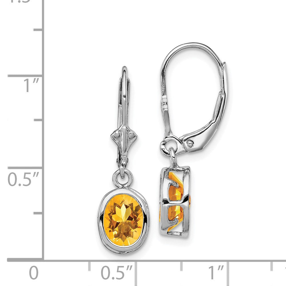 Sterling Silver Rhodium Plated 8x6mm Oval Citrine Leverback Dangle Earrings
