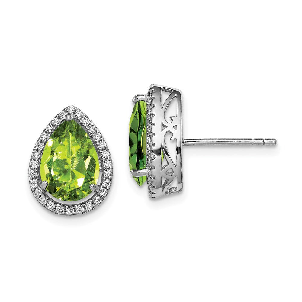 Sterling Silver Rhodium Polished Simulated Peridot & CZ Button Stud Earrings