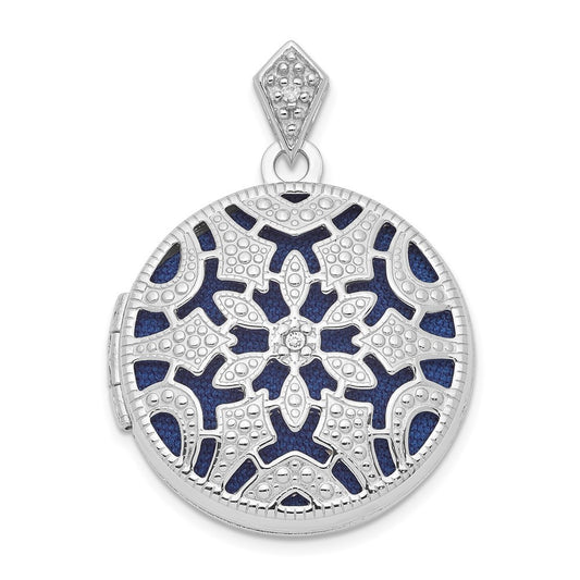 Sterling Silver Rhodium-plated 20mm Round Diamond Vintage Locket Pendant
