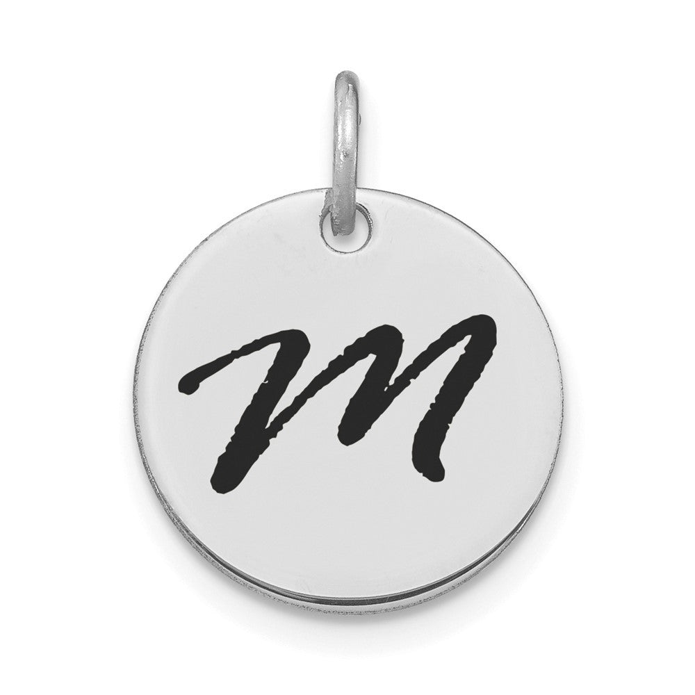 14k White Gold Polished Black Enamel Letter M Initial Disk Charm Pendant
