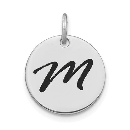 14k White Gold Polished Black Enamel Letter M Initial Disk Charm Pendant