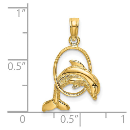 14k Yellow Gold Polished Dolphin Jumping Through Hoop Charm Pendant