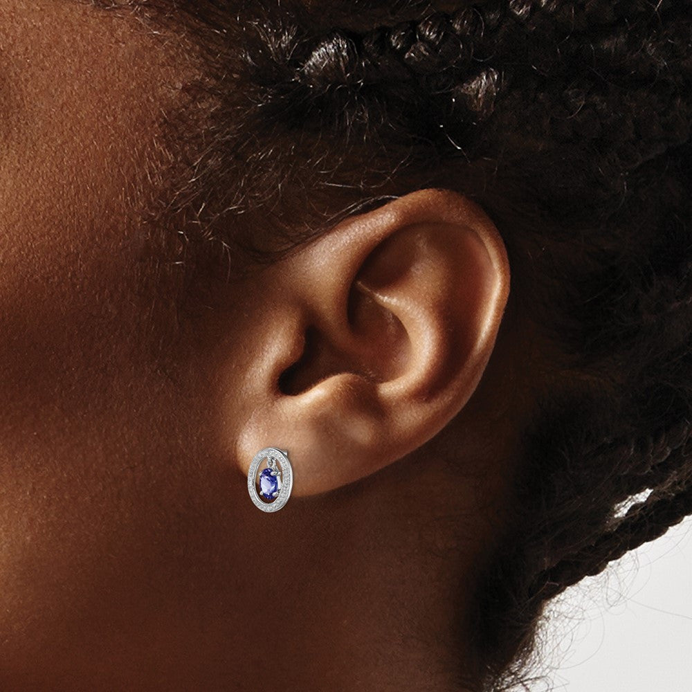 Sterling Silver Rhodium Plated Diamond & Tanzanite Oval Button Stud Earrings