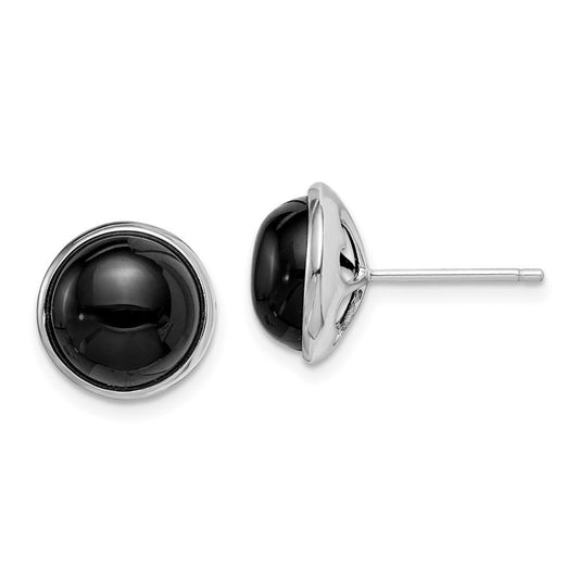 Sterling Silver Rhod-plated Polished 10mm Onyx Cabochon Button Stud Earrings