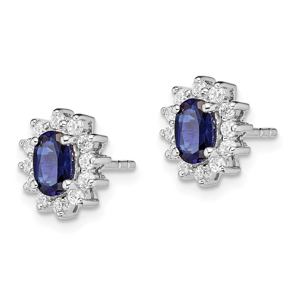 Sterling Silver Rhodium-plated CZ/Lab Cr. Blue Sapphire Button Stud Earrings