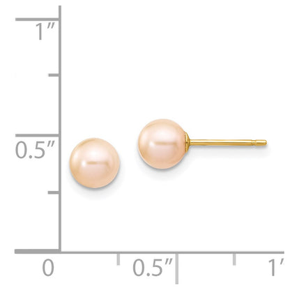 14k Yellow Gold 5-6mm Pink Round Freshwater Cultured Pearl Stud Earrings
