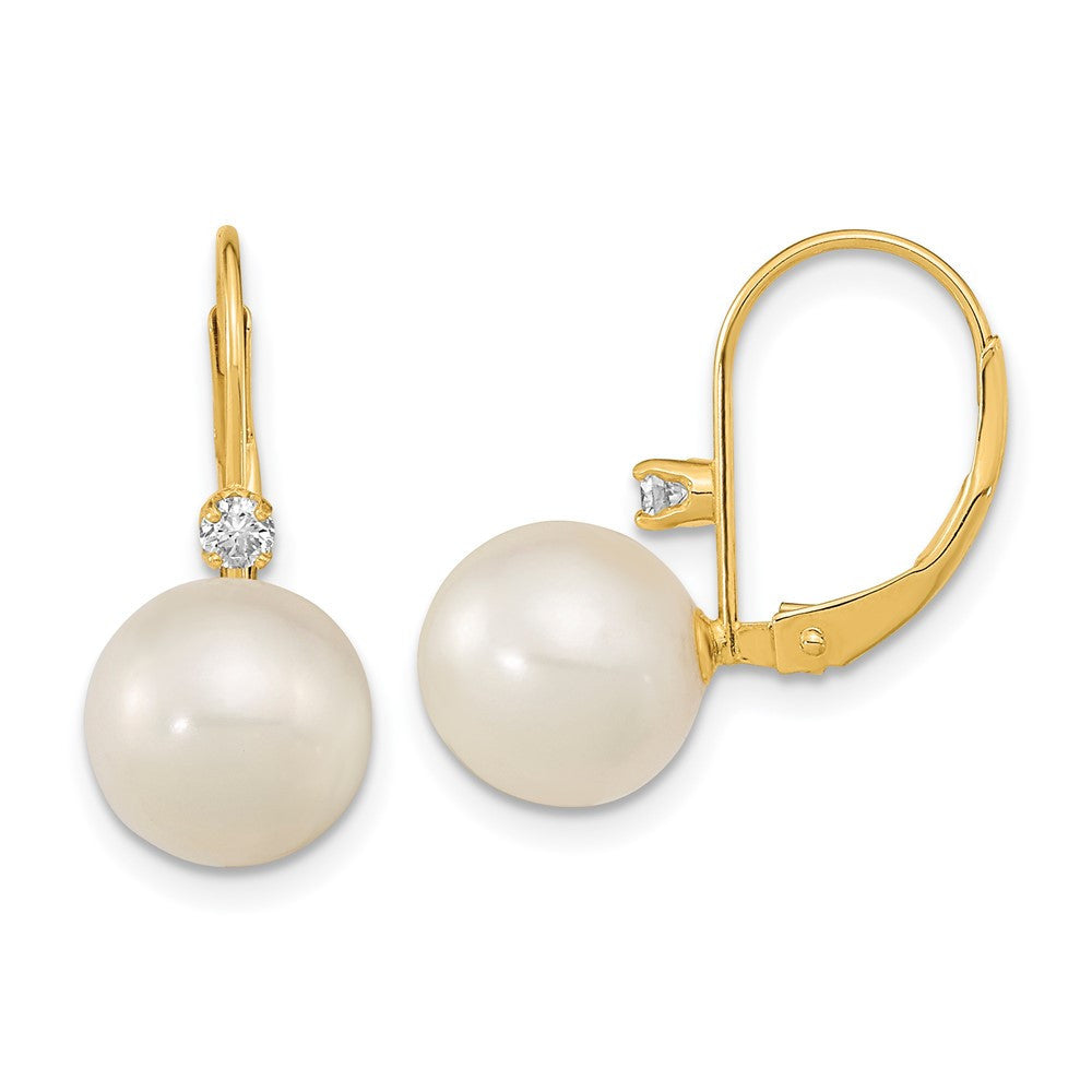 14k Yellow Gold Cultured Pearl and Diamond Leverback Drop & Dangle Earrings