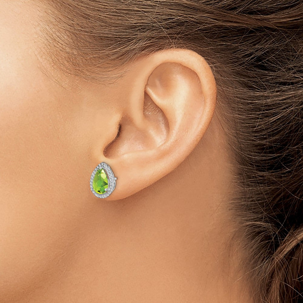 Sterling Silver Rhodium Polished Simulated Peridot & CZ Button Stud Earrings