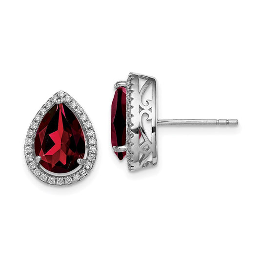 Sterling Silver Rhodium Polished Garnet & CZ Button Stud Earrings