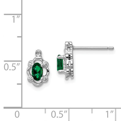 Sterling Silver Rhodium-plated Created Emerald & Diam. Button Stud Earrings