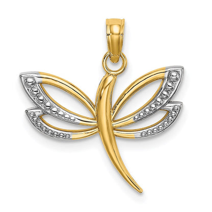 14k Yellow Gold Rhodium Textured Dragonfly Charm Pendant