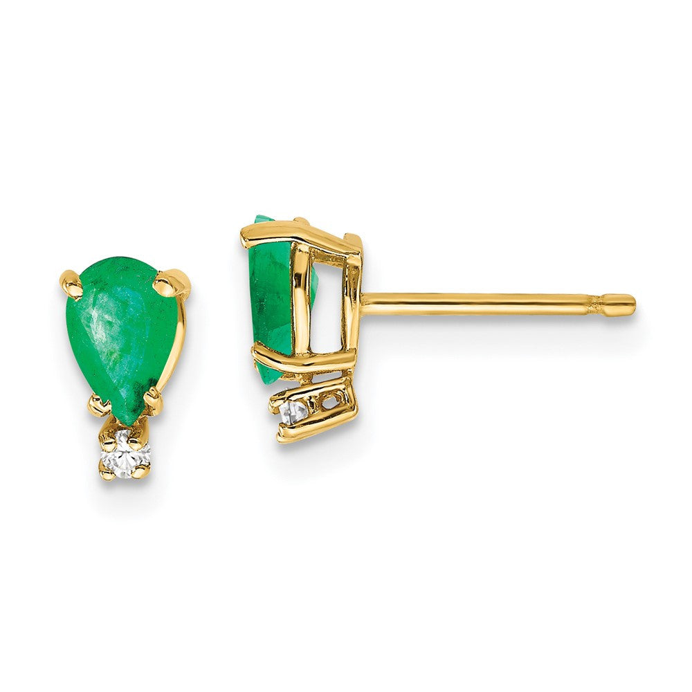 14k Yellow Gold 6x4 Pear Emerald and Diamond Button Stud Earrings